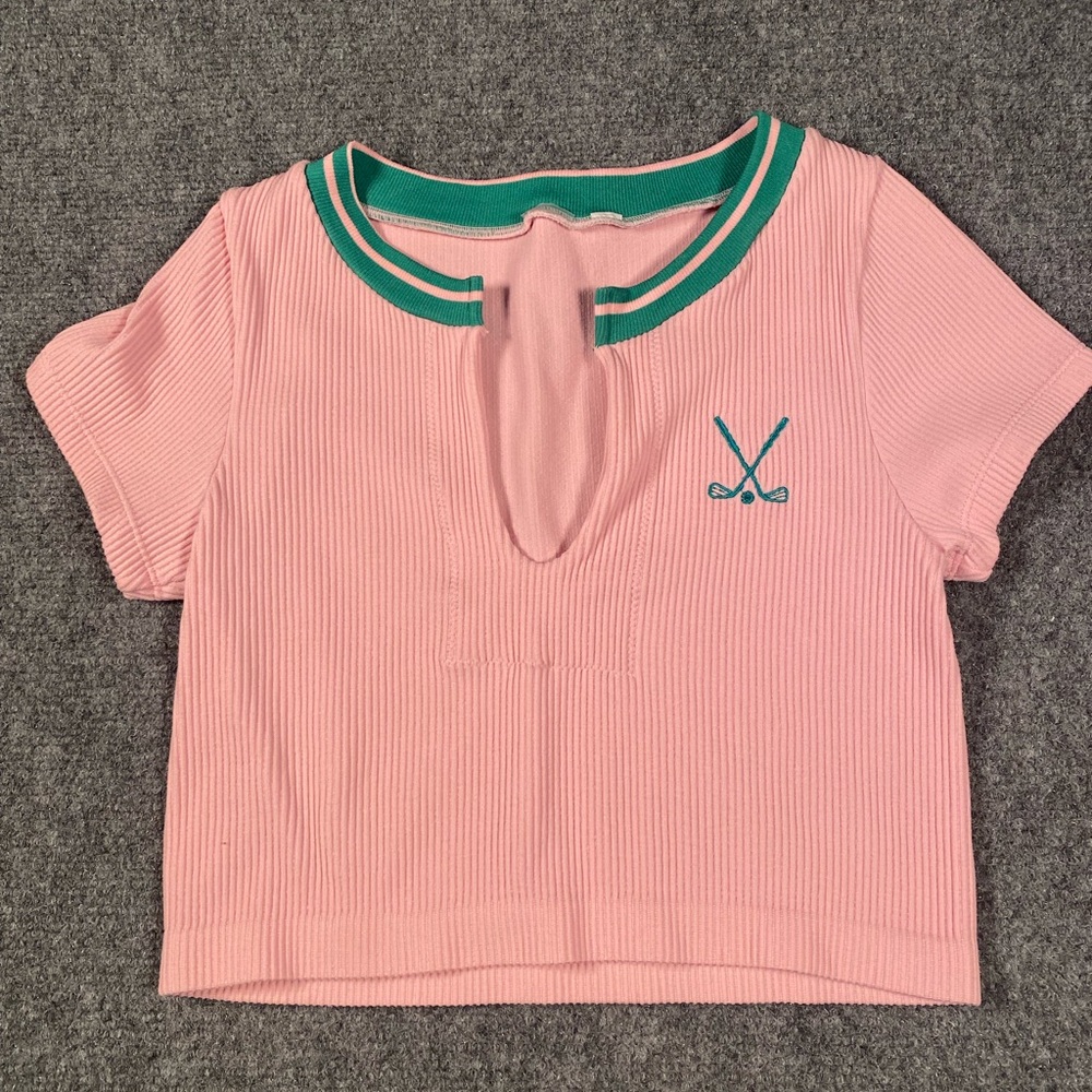 Pink Ribbed cropped golf embroidered tee Shirt with Green Trim size S